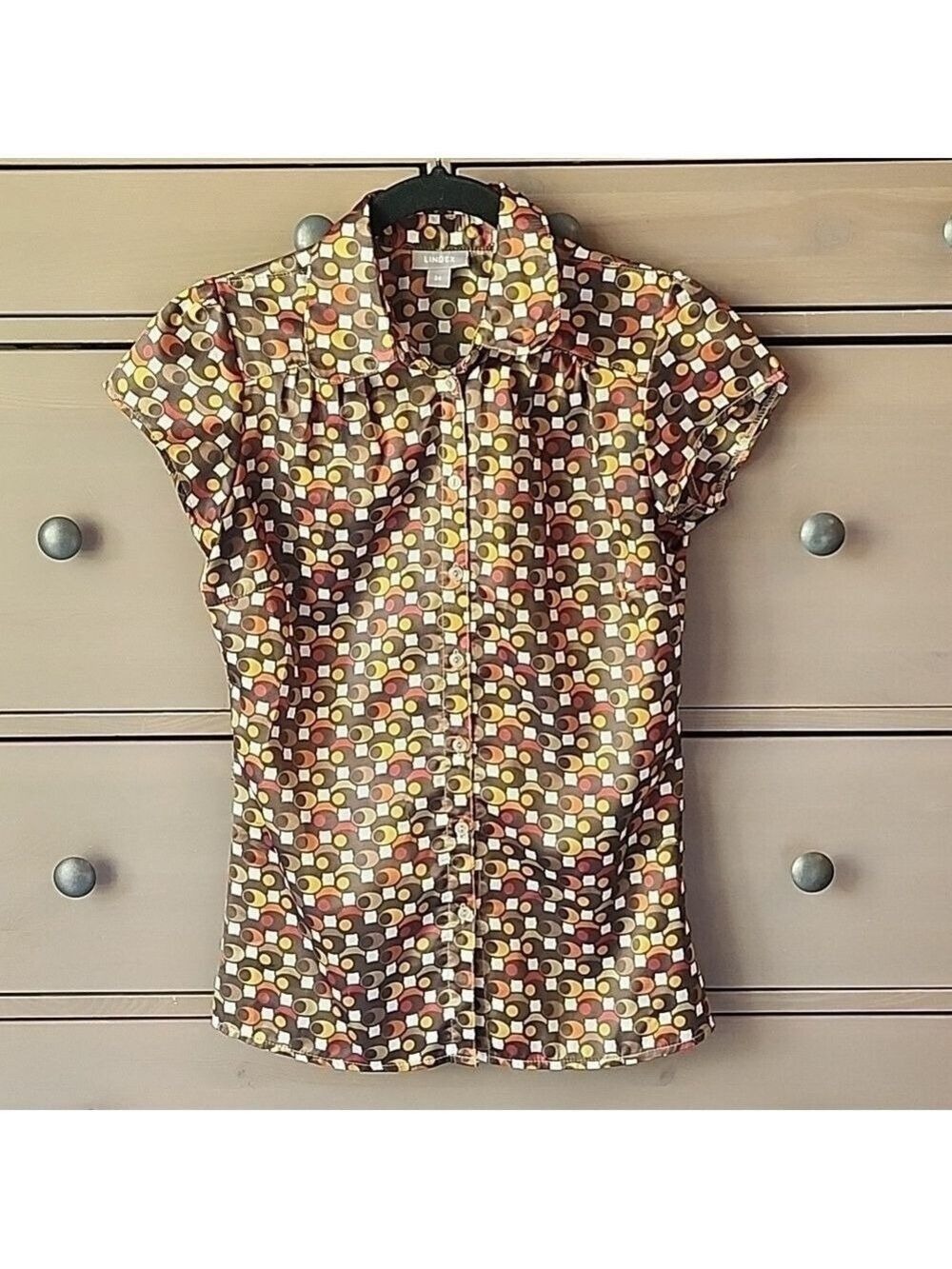 LADIES LINDEX BUTTON DOWN TOP 70's OLIVE PRINT Size small